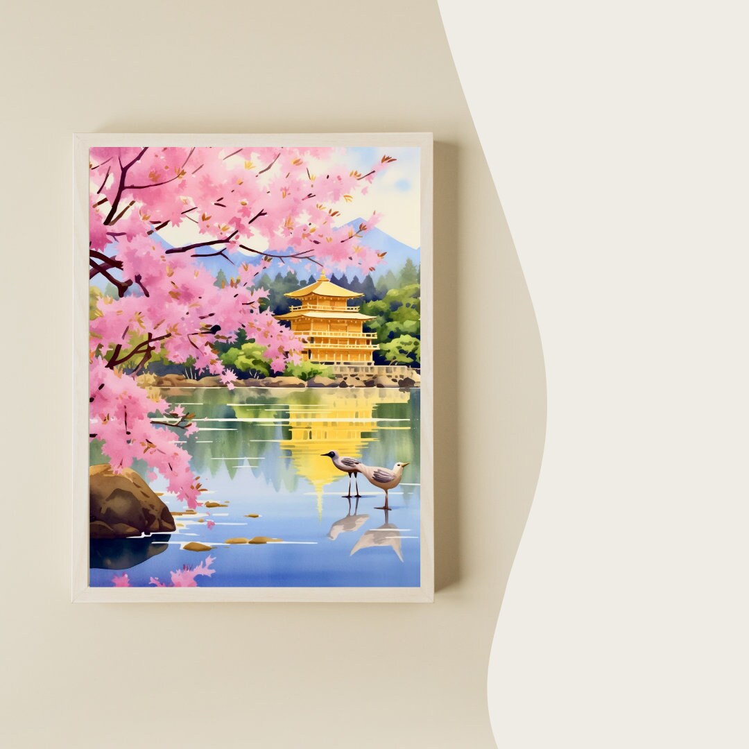 Kinkaku-ji Watercolor Print, Kyoto Golden Pavilion Wall Art, Japan