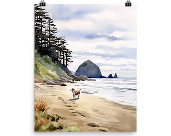 Cannon Beach Watercolor Print, Oregon Coast Dog Art, Pacific Northwest Seaside Poster