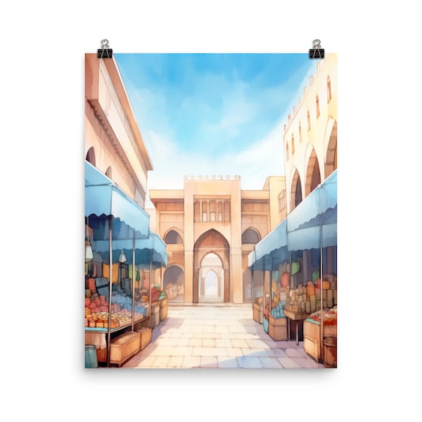 Moroccan Market Watercolor Print | Morocco Gift | Souk | Morocco Wall Art | Bazaar | North Africa | Marrakesh | African Decor | Cityscape