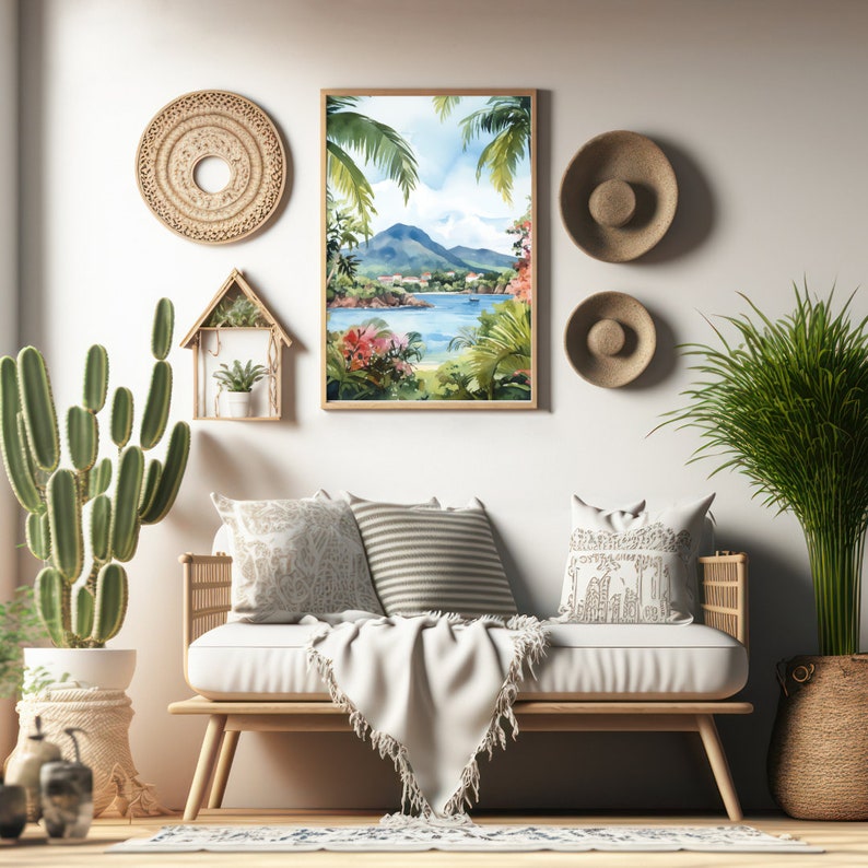 May include: A white couch with a white throw blanket and pillows in a living room setting. The couch is in front of a white wall with a framed watercolor painting of a tropical island scene, two woven wall hangings, and two woven hats.