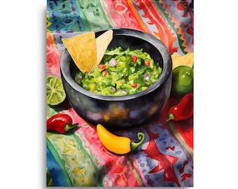May include: A bowl of guacamole with tortilla chips, lime wedges, and red and yellow peppers on a colorful patterned tablecloth.
