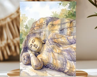 Gal Vihara Reclining Buddha Sri Lanka Watercolor Wall Art, Print or Canvas