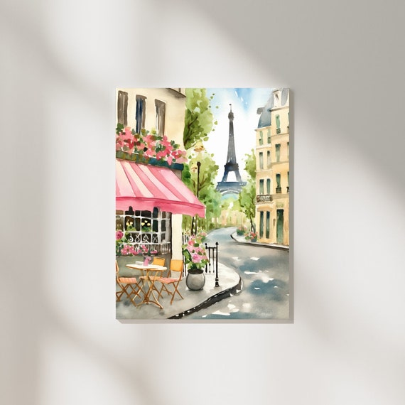 Paris Cafe Watercolor Print, Eiffel Tower Streetscape Art