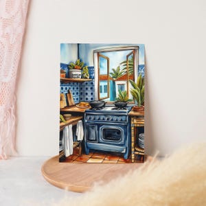 May include: A blue and white tiled kitchen with a vintage stove and a window overlooking a tropical scene. The stove has two black pots on top and a white towel hanging on the side. A small can labeled "Dominican Republic" is on a shelf above the stove.
