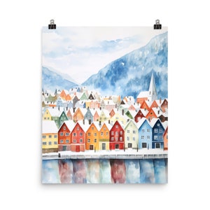 Bergen Travel Print | Norway Watercolor Portrait | Norwegian Wall Art | Europe Home Decor | Travel Gift | Travel Poster | Coastal Cityscape