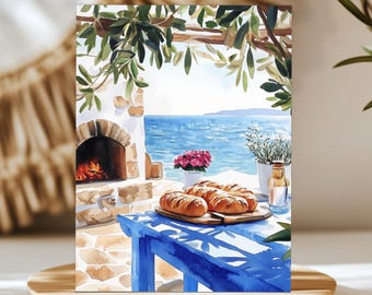 Crete Wood-Fired Oven Print or Canvas, Greek Seaside Bakery Watercolor