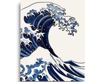 May include: A rectangular wall art print featuring a stylized illustration of a large, curling ocean wave. The design uses deep navy blue and lighter blue tones with white foam accents against a solid, off-white, cream-colored background.