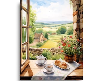 English Kitchen Watercolor Print, Countryside Window View Art, Rustic Home Poster, Yorkshire Landscape Decor, UK Country Cottage Gift