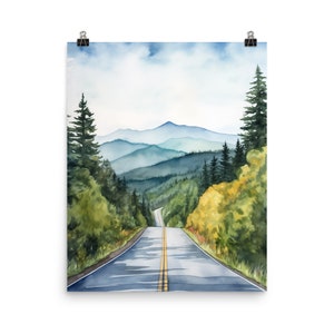 Blue Ridge Parkway Watercolor Print | North Carolina Gift | Appalachian Mountains | Mountain Road | North Carolina Decor | US Travel Poster