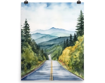 May include: A watercolor painting of a winding road leading through a forest towards a mountain range in the distance. The road is lined with trees and the mountains are covered in a light blue haze.
