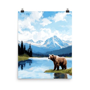 Lake Clark National Park Watercolor Print | Alaska Travel Gift | Brown Bear Wall Art | Mountain Landscape Decor | Alaskan | Alaskan Nature