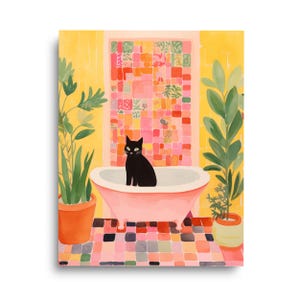 Black Cat | Watercolor Print | Retro Bathroom Decor | Bathtub Wall Art | Pink Bathroom Illustration | Minimalist Cat | Cat Decor | Feline