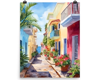 Santo Domingo Watercolor Print, Caribbean Coastal Cityscape Art, Tropical Wall Decor