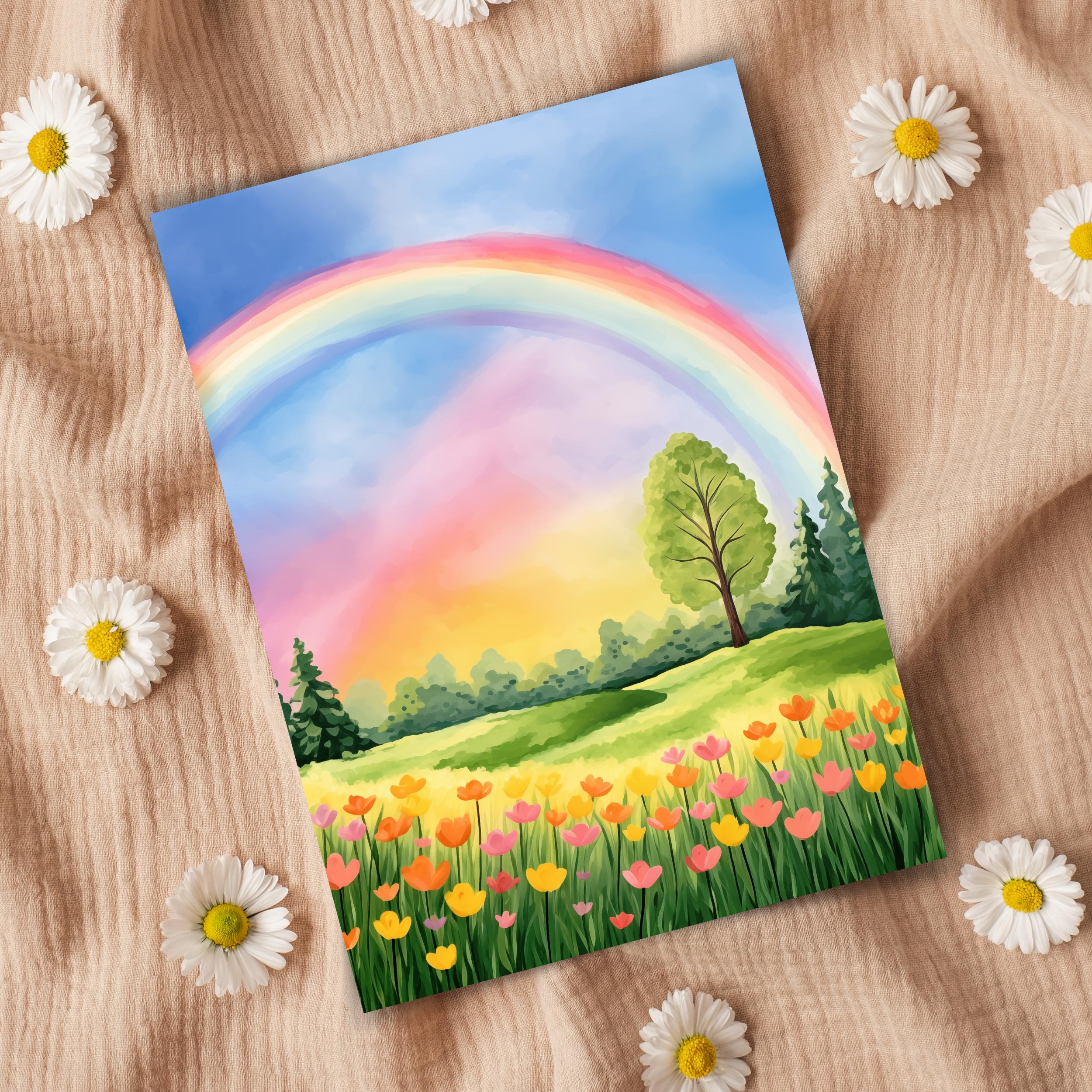 Rainbow Tulip Field Watercolor Print, Scenic Countryside Landscape - Etsy