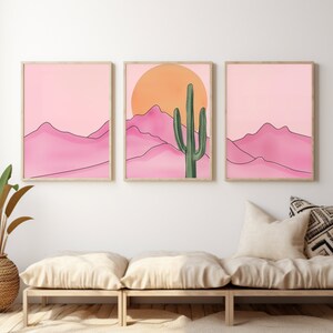Retro Pink Desert Watercolor Print Set of 3, Saguaro Cactus Wall Art ...