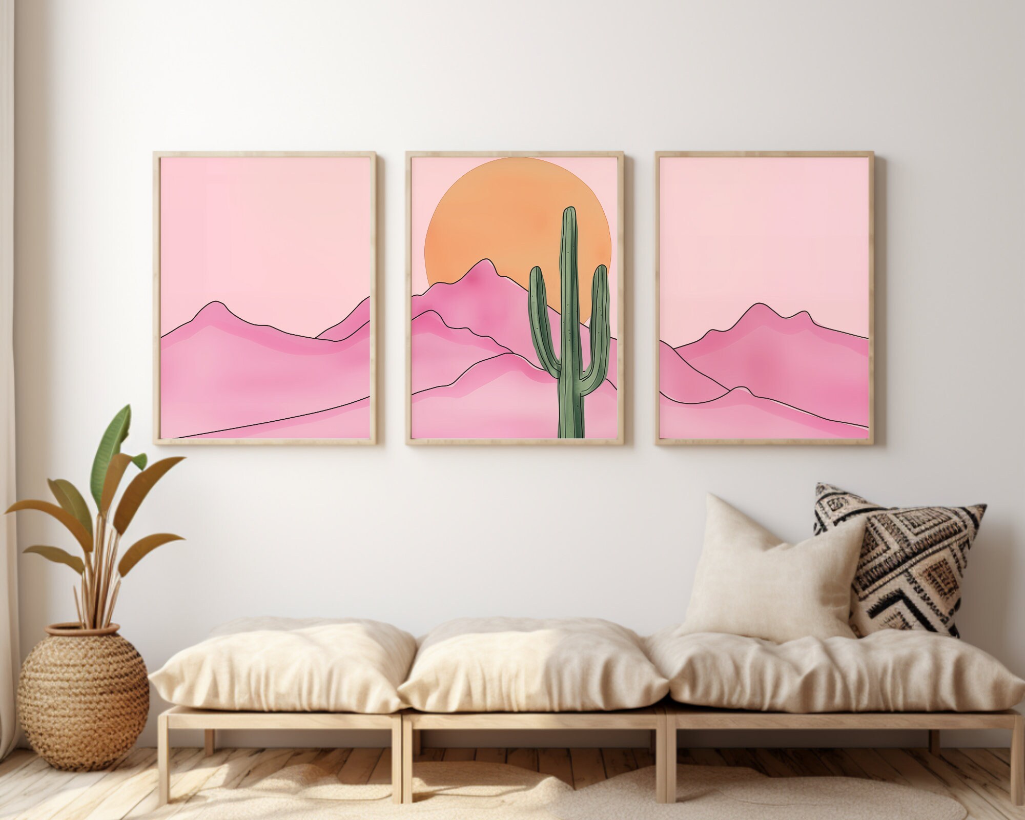 Retro Pink Desert Watercolor Print Set of 3, Saguaro Cactus Wall Art ...