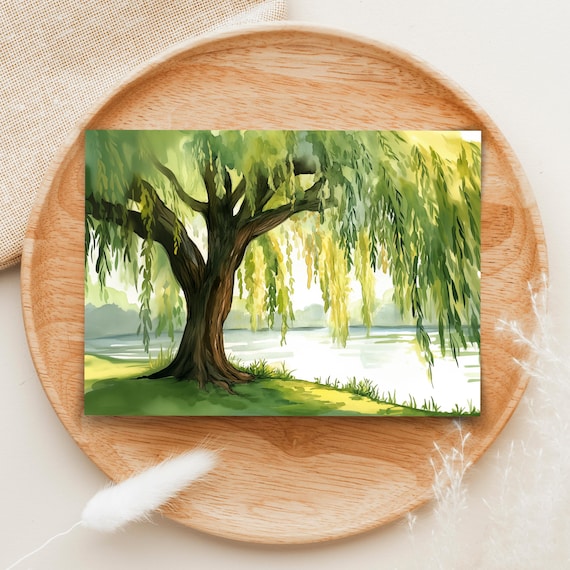 Willow Tree Watercolor Print, Lakeside Landscape Art, Botanical