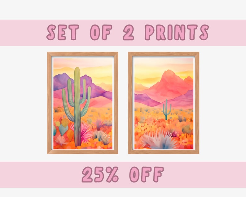 Pink Desert Watercolor Print, Set of 2, Cactus and Mountain Wall Art ...