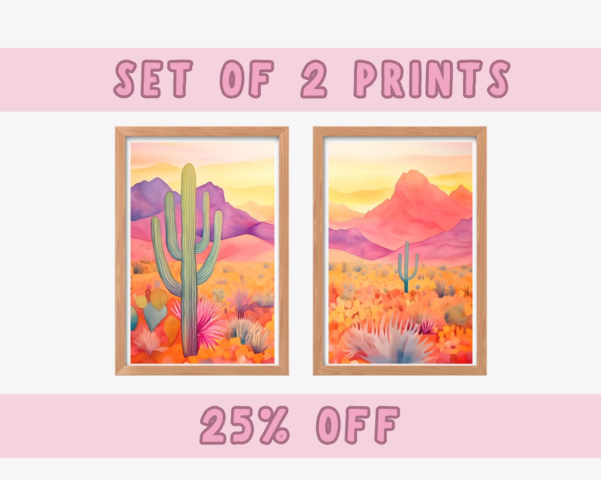 Pink Desert Watercolor Print Set, Cactus Mountain Southwest Wall Art - Etsy