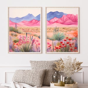 Cute Pink Desert Watercolor Print | Set of 2 | Pink Mountains Wall Art | Floral Decor | Colorful Mountain | Muted Style | Pastel Desert
