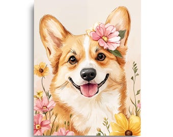 Corgi Wall Art, Floral Dog Artwork, Canvas Puppy Decor, Pembroke Welsh Corgi Gift