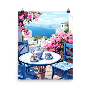 Greek Coffee | Watercolor Print | Coffee Wall Art | Greece Travel Gift | Aegean Sea Decor | Seaside Village | Coastal | European Balcony