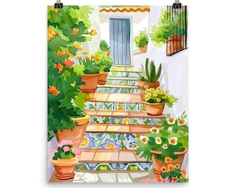 Andalusia Mosaic Watercolor Print, Spanish Tile Staircase Wall Art, Mediterranean Home Decor
