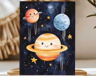 Watercolor Planets Space Nursery Art Print, Galaxy Kids Room Poster, Universe Wall Decor
