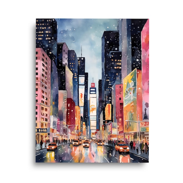 Times Square Snowscape Watercolor Print, NYC Winter Wall Art, Manhattan City Decor, New York Travel Artwork, Snowfall Cityscape Poster
