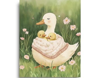 Vintage Mother Duck Watercolor Print, Farmhouse Nursery Wall Art, Duck Family Kids Decor