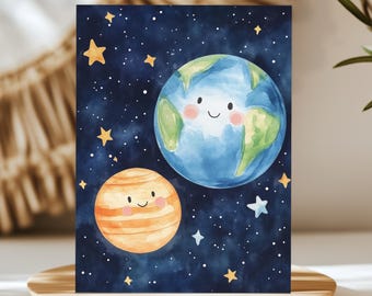 Solar System Watercolor Print, Smiling Planets Nursery Art, Galaxy Kids Room Poster