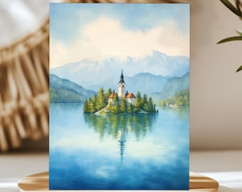 Lake Bled Watercolor Print, Slovenia Wall Art, Slovenian Home Decor, Europe Travel Gift, Mountain Landscape, Alpine Lake Artwork, Outdoors