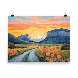 Big Bend Sunset Highway Watercolor Print | West Texas Travel Poster | Nature Landscape | National Park Desert Southwest | Cactus Wall Art