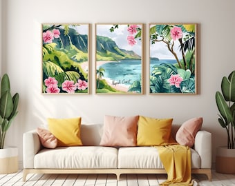 NaPali Coast Set of 3 Watercolor Prints, Coastal Travel Wall Art, Triptych Print Set