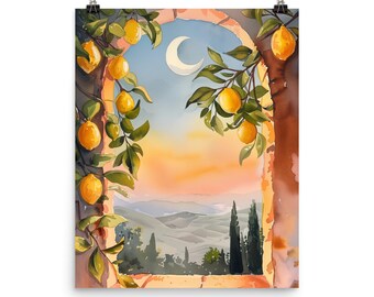 Lemon Tree Watercolor Print, Mediterranean Window View, Italian Coastal Artwork, Europe Travel Wall Art
