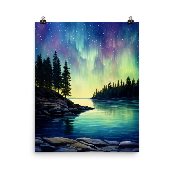 Voyageurs National Park Watercolor Print | Minnesota Gift | Northern Lights Wall Art | Aurora Borealis Decor | US Poster | Night Sky Art