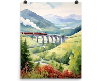 Glenfinnan Viaduct Watercolor Print | Scotland Travel Gift | Scottish Wall Art | Train Gift | Steam Train | Locomotive | Landscape Decor