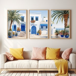 Sidi Bou Said Watercolor Print | Set of 3 | Africa Travel Gift | Tunisia | Mediterranean Decor | Coastal Cityscape | Blue Door Art | Tunis