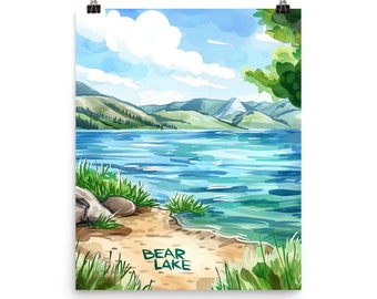 Bear Lake Watercolor Print, Utah Idaho Landscape Poster, Rustic Cabin Decor