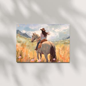 May include: A watercolour painting shows a person riding a horse through a field of wildflowers. The rider wears a brown hat and a light-coloured shirt. The horse is a light grey colour. The background features rolling hills and a cloudy sky.