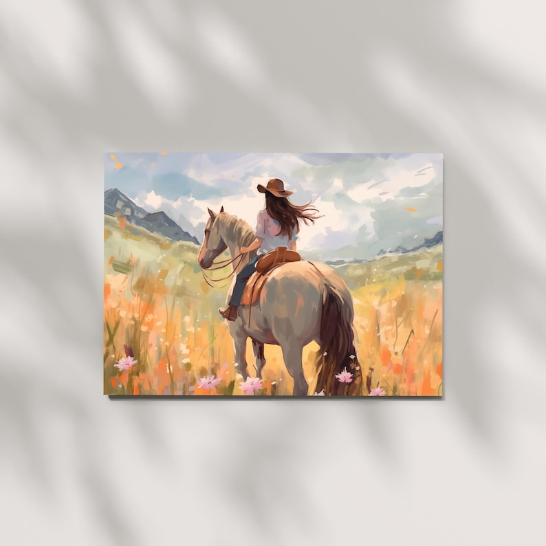 May include: A watercolour painting shows a person riding a horse through a field of wildflowers. The rider wears a brown hat and a light-coloured shirt. The horse is a light grey colour. The background features rolling hills and a cloudy sky.