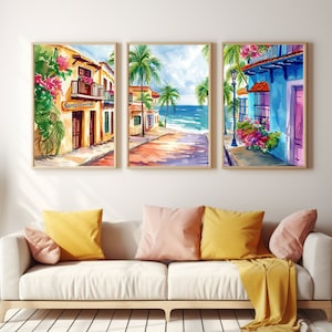 Santo Domingo Watercolor Print | Set of 3 | Dominican Republic Gift | Caribbean Island Decor | Colorful House Poster | Coastal Cityscape Art