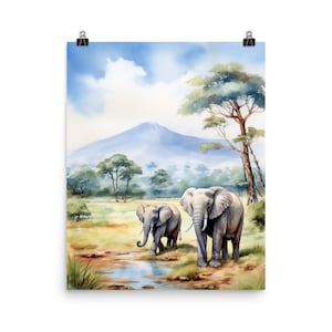 Mount Kilimanjaro Watercolor Print, African Safari Wall Art, Tanzania Landscape Poster, Elephant Decor, Mountain Nature Artwork, Wildlife