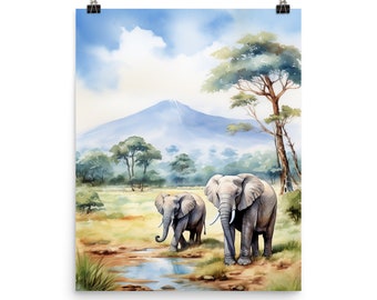 Mount Kilimanjaro Watercolor Print, Tanzania Safari Wall Art, Elephant Landscape Poster, African Mountain Decor, Canvas Print