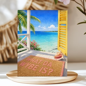 May include: A rectangular tan doormat with the pink text WHAT DA WYBE IS? printed on it. The mat sits on a wooden porch overlooking a tropical ocean scene with a yellow shutter, a palm tree, pink flowers, and a conch shell on the floor.