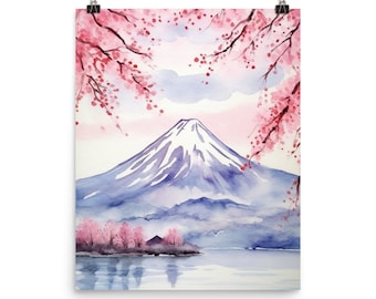 Mount Fuji Watercolor Print, Cherry Blossom Japan Wall Art, Japanese Landscape Travel Poster