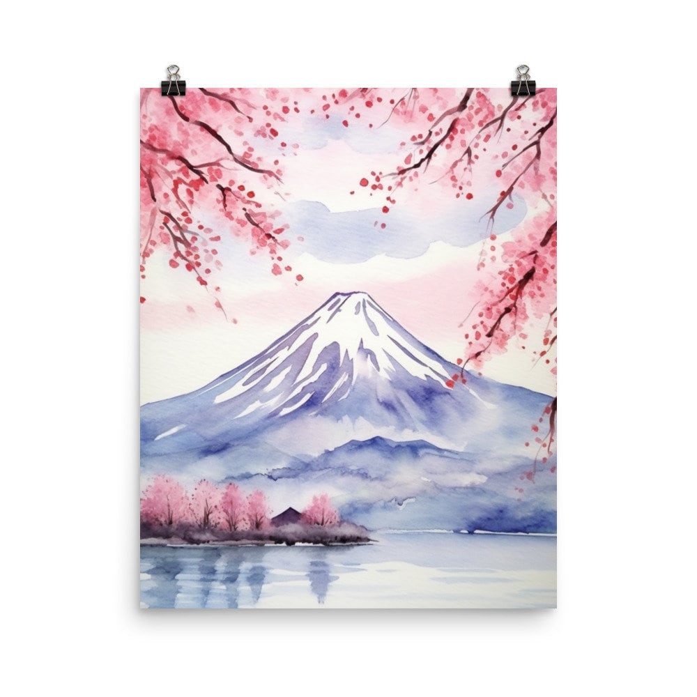 Mount Fuji Watercolor Print, Cherry Blossom Japan Wall Art