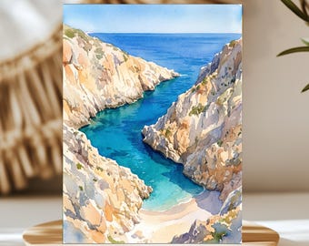 Seitan Limania Crete Greece Watercolor Wall Art, Print or Canvas