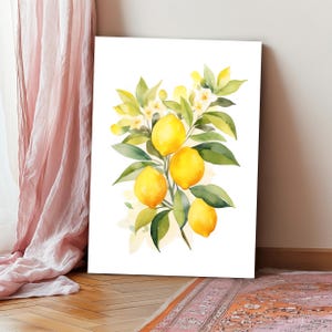 May include: A vertical rectangular wall art print featuring a watercolor illustration of four bright yellow lemons hanging from a leafy green branch with small white blossoms, all set against a clean, solid white background.