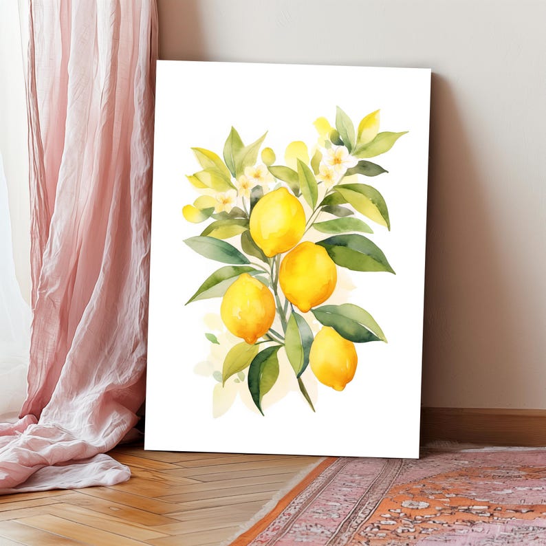 May include: A vertical rectangular wall art print featuring a watercolor illustration of four bright yellow lemons hanging from a leafy green branch with small white blossoms, all set against a clean, solid white background.